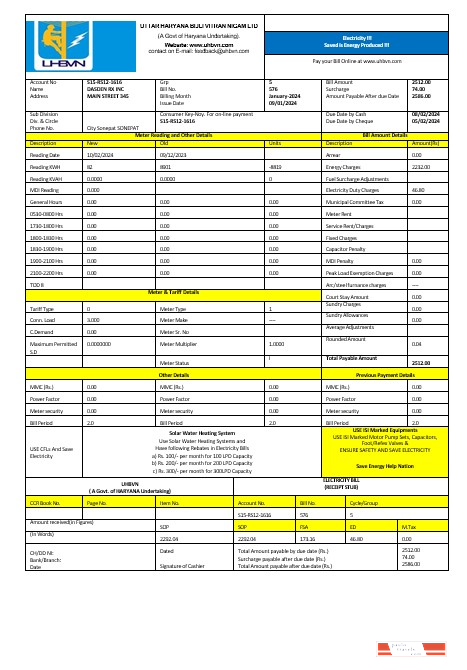 India Uttarakhand power corporation electricity business utility bill Word and PDF formats